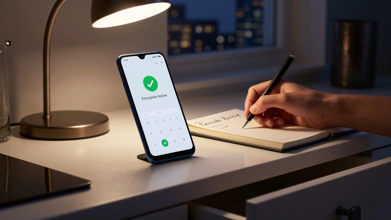 A phone showing encryption is active on a kitchen counter, with a handwritten passcode in a locked drawer.