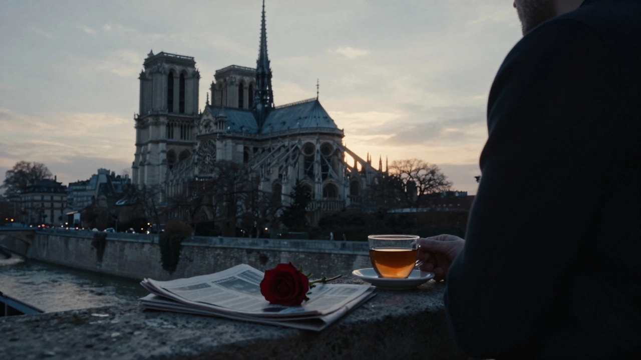 A solitary silhouette sits on a balcony overlooking Notre-Dame at sunrise, tea steaming beside a red rose.