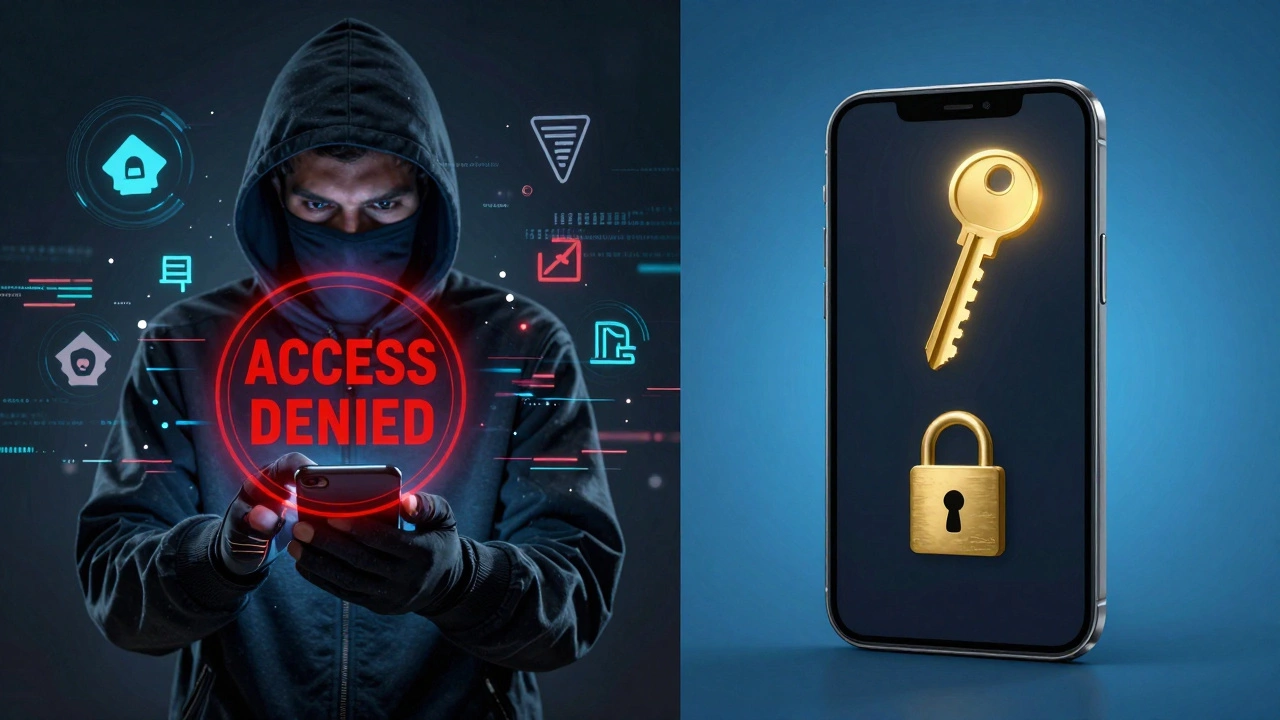 Split image: stolen phone blocked by red denial vs. same phone secured by a glowing key.