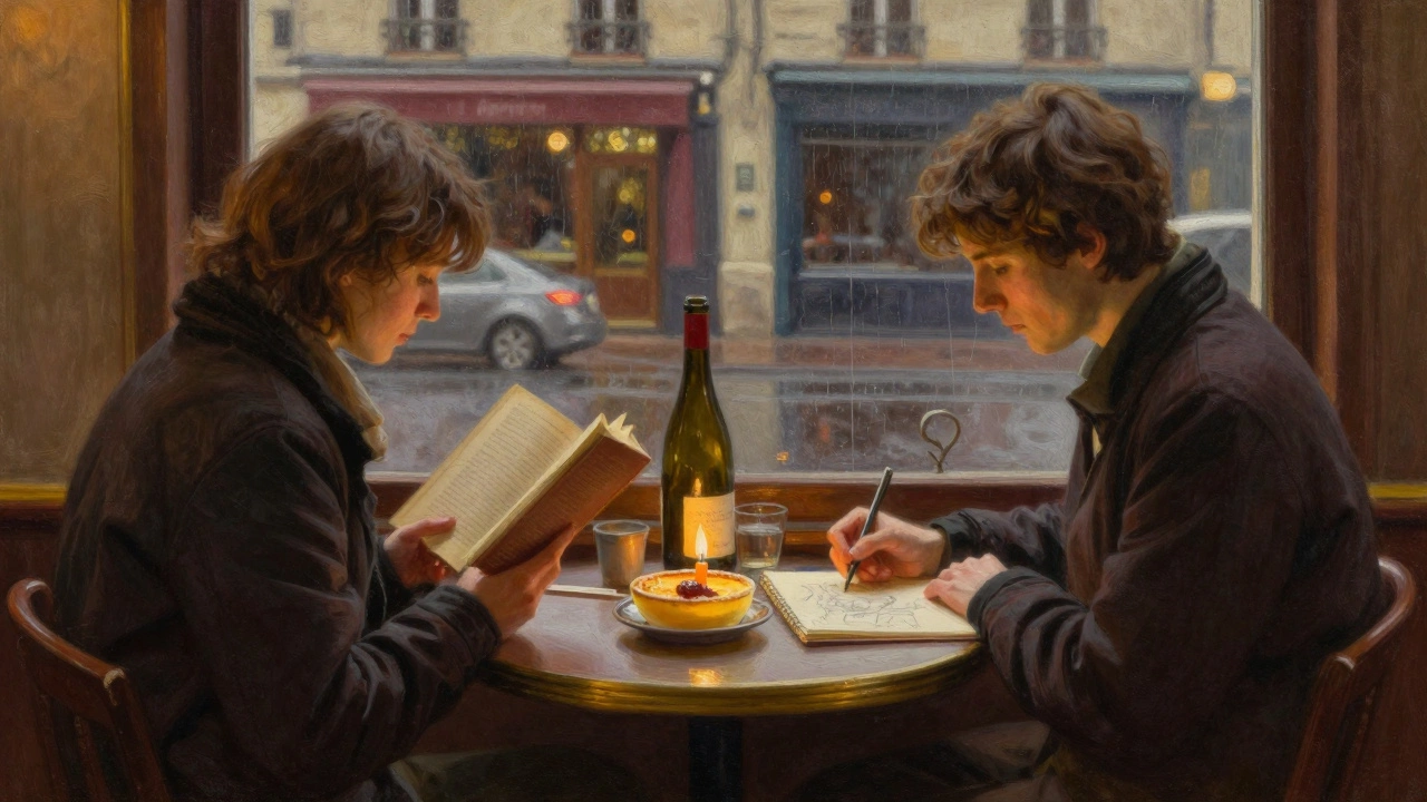 Two people share a quiet moment at a café table in Montmartre at dawn, candlelight reflecting off wine and sketchbooks.